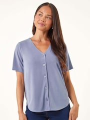 Roman Blue Petite V-Neck Buttoned Top - Image 4 of 5