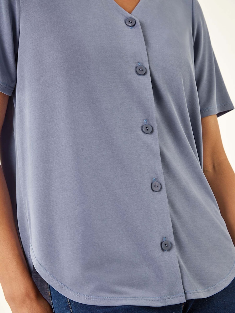 Roman Blue Petite V-Neck Buttoned Top - Image 5 of 5 Roman Blue Petite V-Neck Buttoned Top - Image 5 of 5