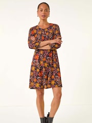 Roman Orange Petite Floral Gathered Short Dress - Image 1 of 5