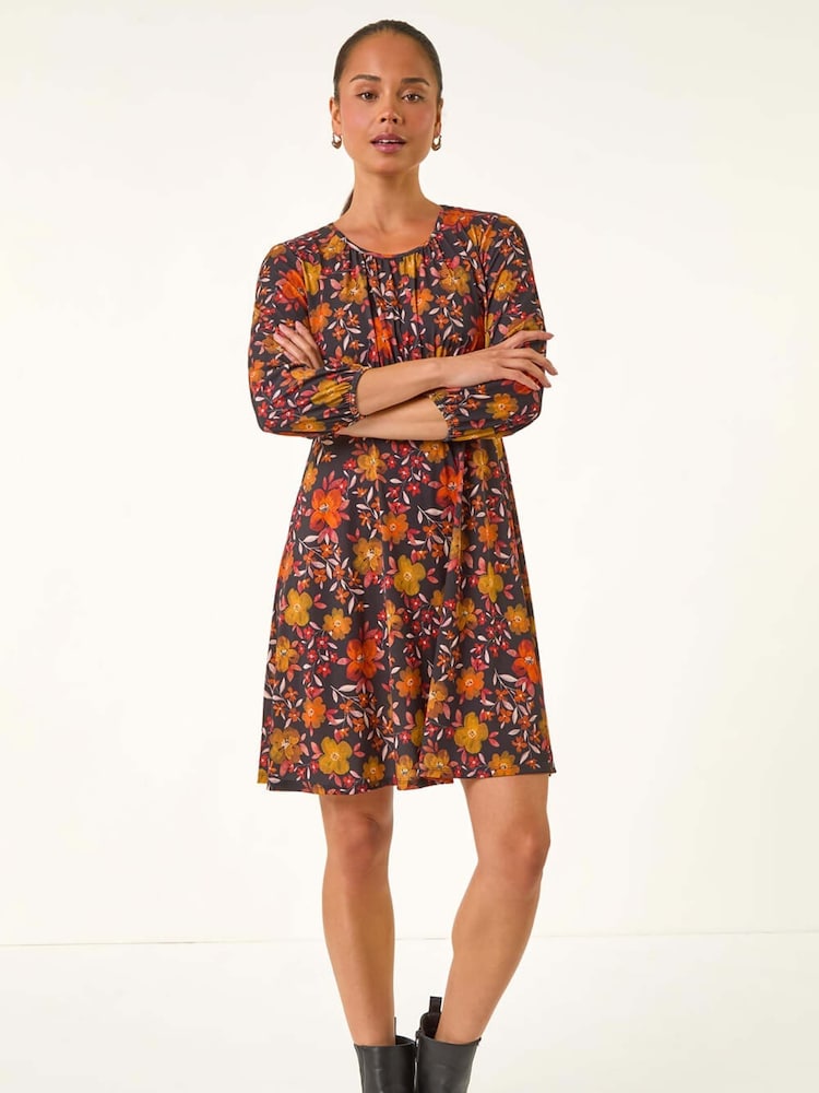 Roman Orange Petite Floral Gathered Short Dress - Image 1 of 5