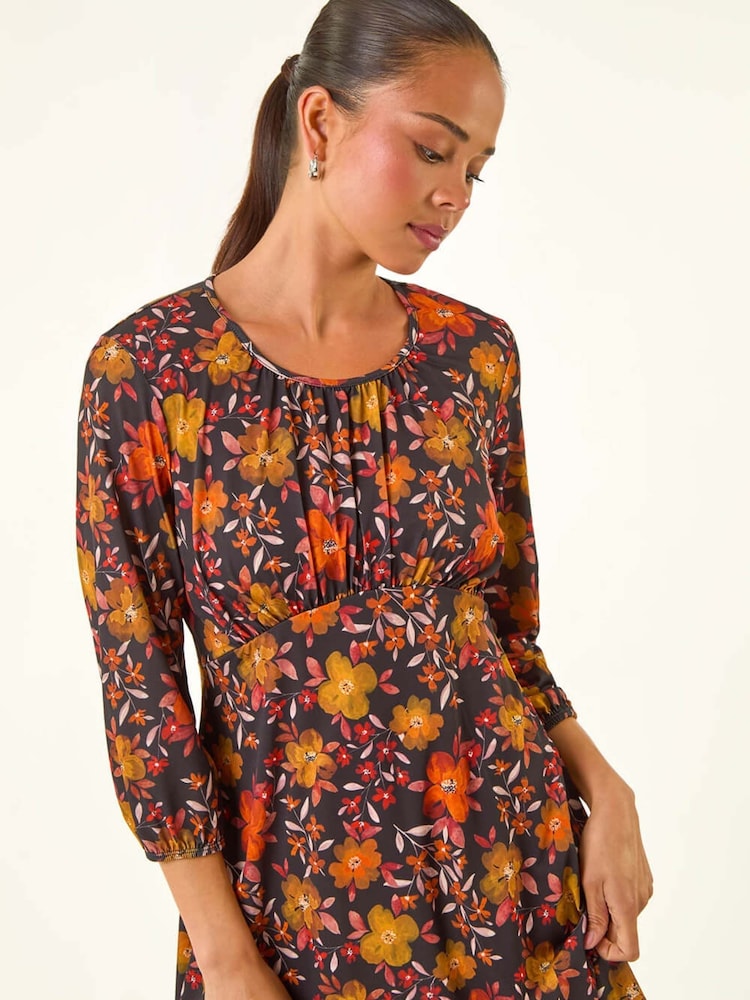 Roman Orange Petite Floral Gathered Short Dress - Image 2 of 5