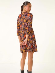 Roman Orange Petite Floral Gathered Short Dress - Image 3 of 5