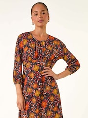 Roman Orange Petite Floral Gathered Short Dress - Image 4 of 5