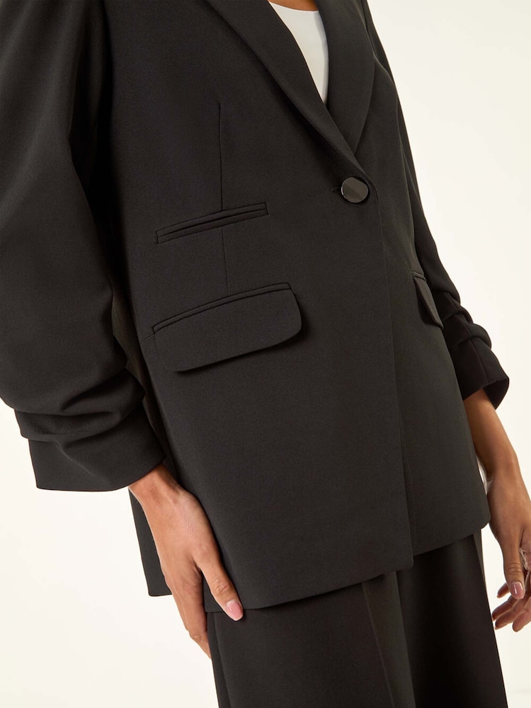 Roman Black Petite Ruched Buttoned Blazer - Image 5 of 5 Roman Black Petite Ruched Buttoned Blazer - Image 5 of 5