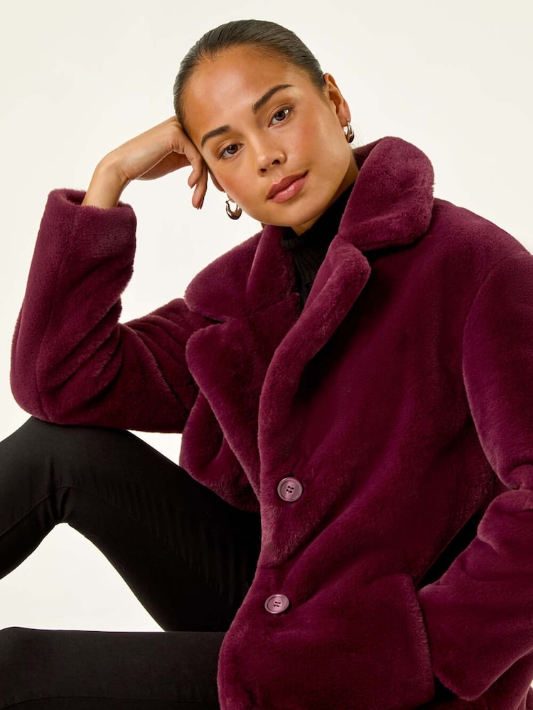 Roman Red Petite Longline Faux Fur Coat - Image 2 of 5 Roman Red Petite Longline Faux Fur Coat - Image 2 of 5