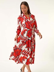 Roman Red Petite Floral Midi Shirt Dress - Image 1 of 5