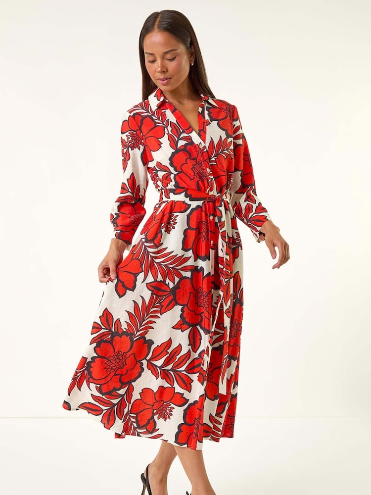 Roman Red Petite Floral Midi Shirt Dress - Image 1 of 5