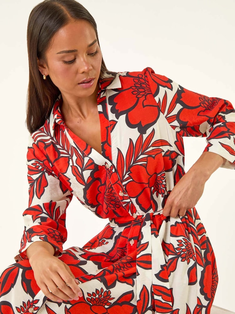 Roman Red Petite Floral Midi Shirt Dress - Image 2 of 5 Roman Red Petite Floral Midi Shirt Dress - Image 2 of 5