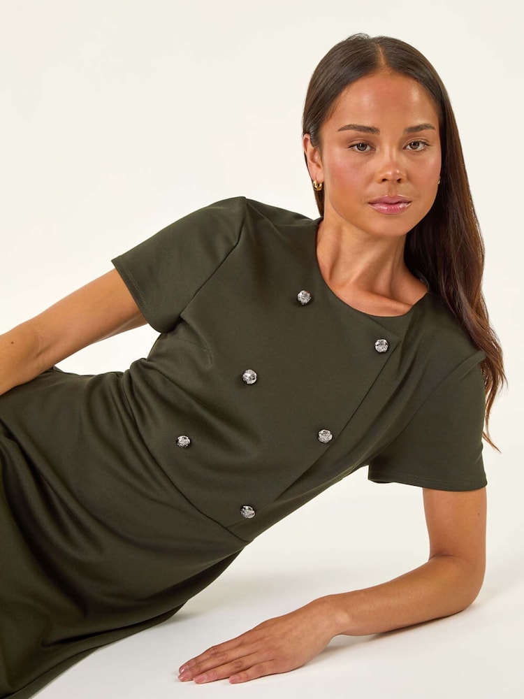 Roman Green Petite Button Stretch Midi Dress - Image 2 of 5
