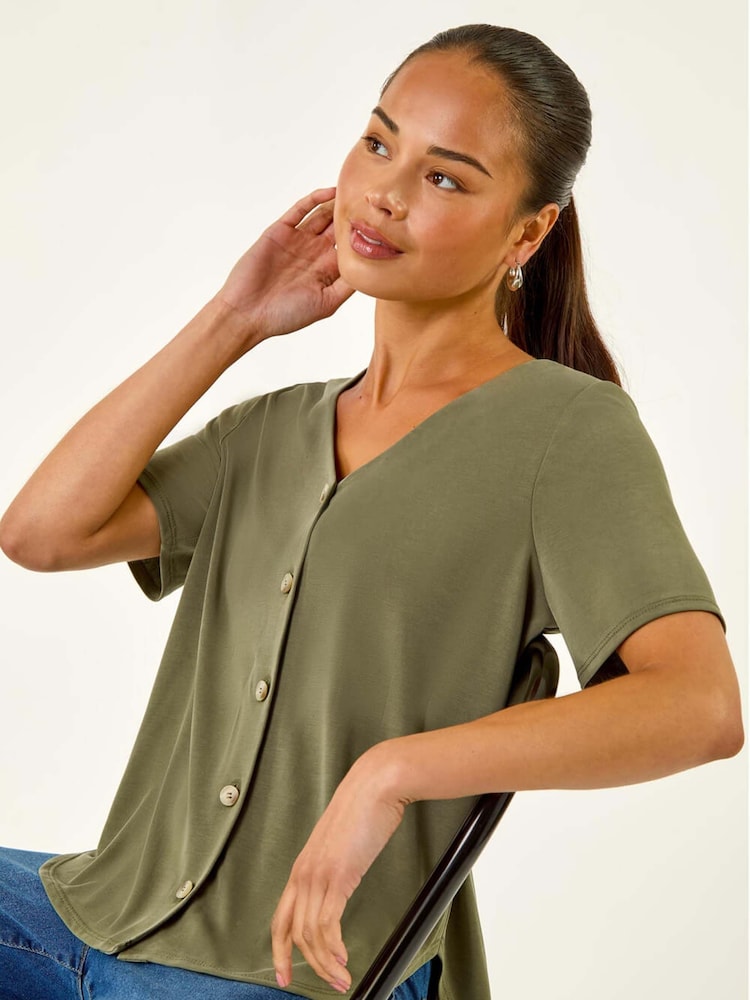 Roman Green Petite V-Neck Buttoned Top - Image 1 of 5 Roman Green Petite V-Neck Buttoned Top - Image 1 of 5