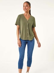 Roman Green Petite V-Neck Buttoned Top - Image 2 of 5
