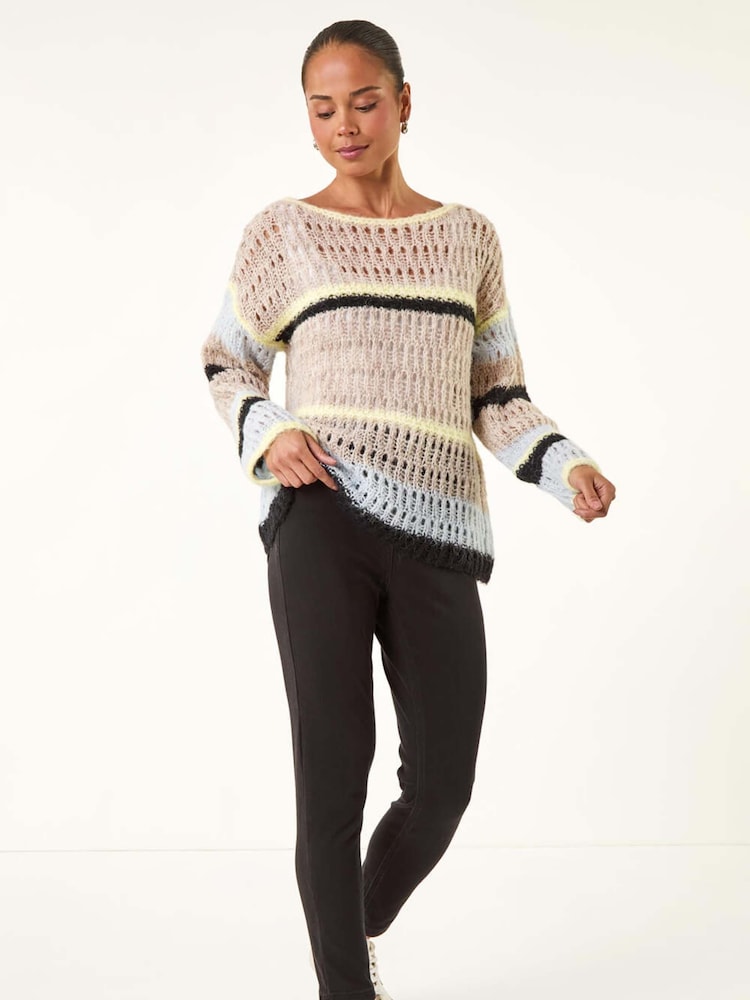 Roman Brown Petite Stripe Open Knitted Jumper - Image 1 of 5