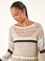 Roman Brown Petite Stripe Open Knitted Jumper - Image 2 of 5