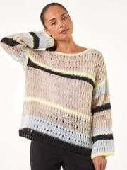 Roman Brown Petite Stripe Open Knitted Jumper - Image 4 of 5