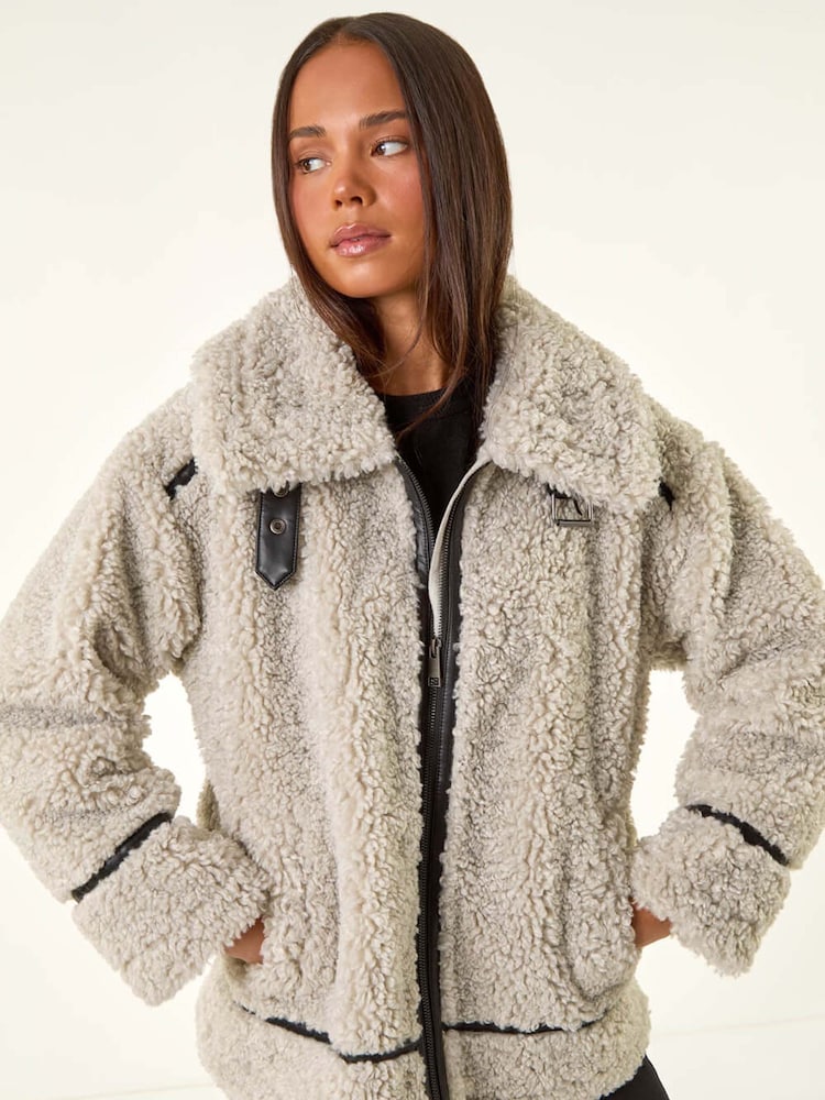Roman Grey Petite Borg Contrast Aviator Coat - Image 1 of 5 Roman Grey Petite Borg Contrast Aviator Coat - Image 1 of 5