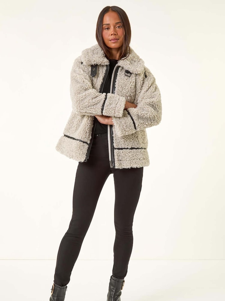 Roman Grey Petite Borg Contrast Aviator Coat - Image 2 of 5 Roman Grey Petite Borg Contrast Aviator Coat - Image 2 of 5