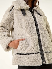 Roman Grey Petite Borg Contrast Aviator Coat - Image 4 of 5