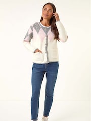 Roman White Petite Buttoned Argyle Knit Cardigan - Image 1 of 5