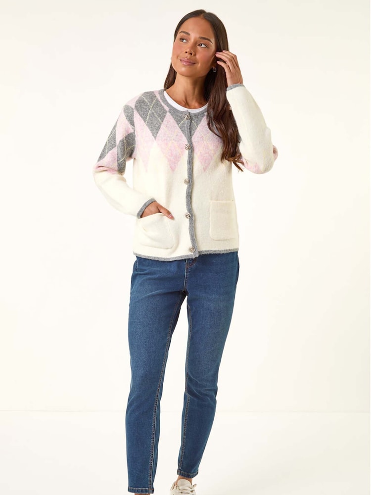 Roman White Petite Buttoned Argyle Knit Cardigan - Image 1 of 5 Roman White Petite Buttoned Argyle Knit Cardigan - Image 1 of 5