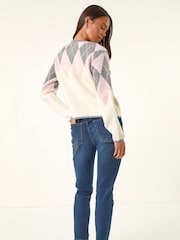Roman White Petite Buttoned Argyle Knit Cardigan - Image 3 of 5