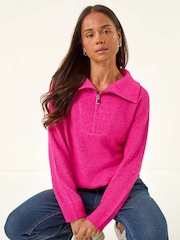 Roman Pink Petite Zip Detail Collared Jumper - Image 1 of 5