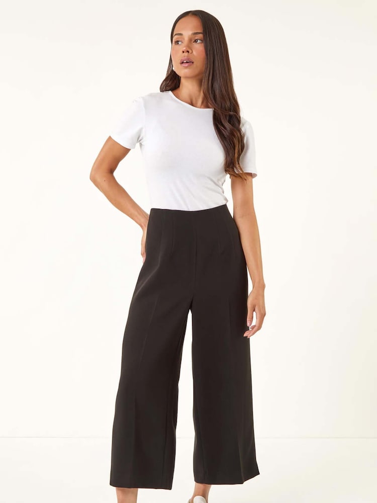 Roman Black Petite Cropped Wide Leg Stretch Trousers - Image 2 of 5