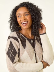 Roman Natural Petite Buttoned Argyle Knit Cardigan - Image 4 of 5