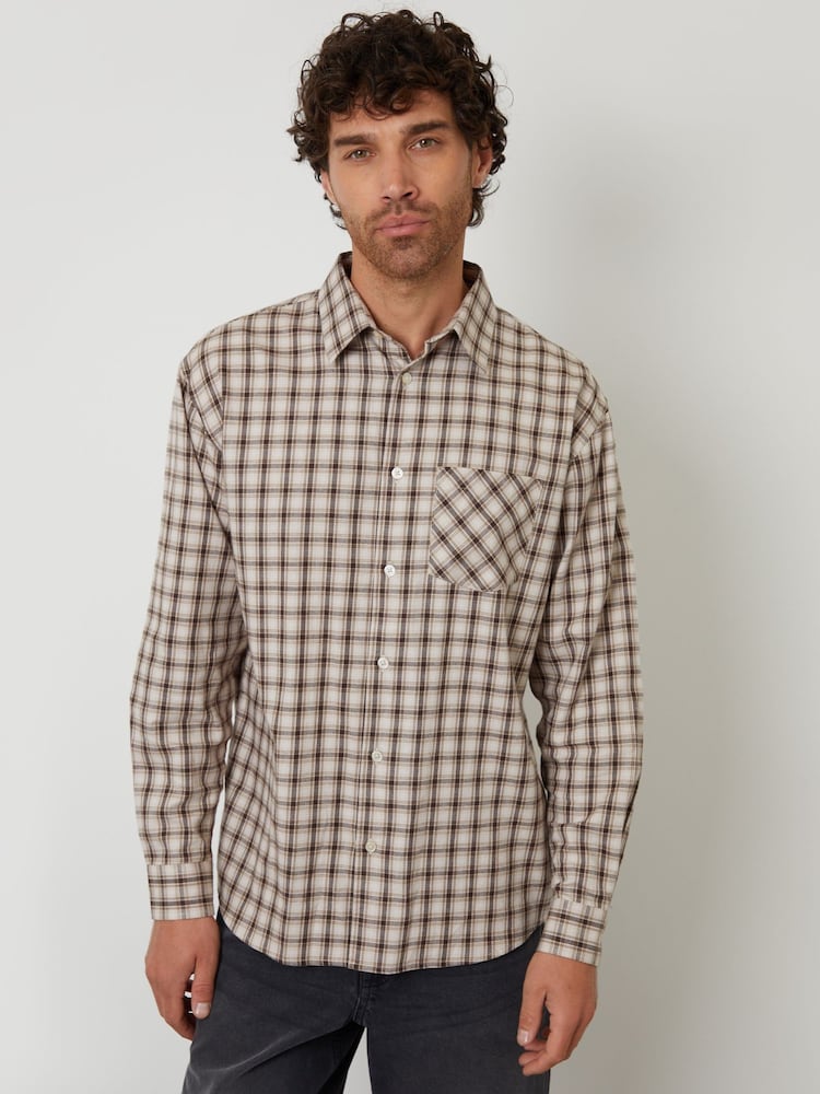 Threadbare Brown Brushed Check Flannel Relaxed Fit Shirt - Image 1 of 4 Threadbare Brown Brushed Check Flannel Relaxed Fit Shirt - Image 1 of 4