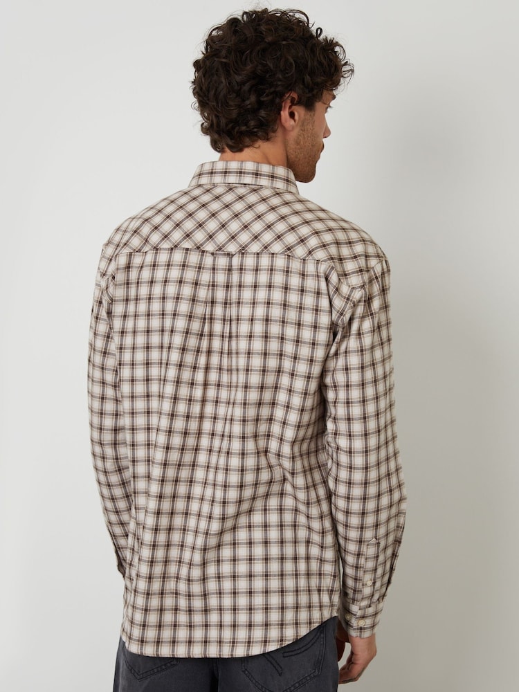 Threadbare Brown Brushed Check Flannel Relaxed Fit Shirt - Image 2 of 4 Threadbare Brown Brushed Check Flannel Relaxed Fit Shirt - Image 2 of 4