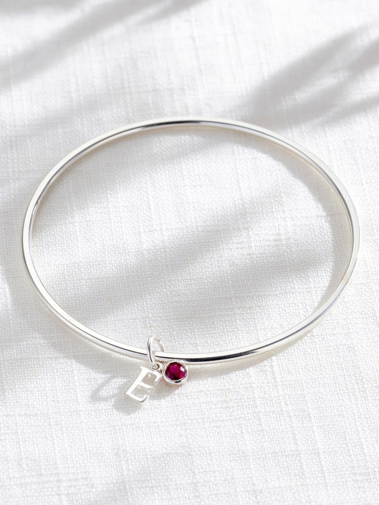 Posh Totty Designs Silver Tone Italic Initial & Birthstone Charm Bangle - Image 1 of 4 Posh Totty Designs Silver Tone Italic Initial & Birthstone Charm Bangle - Image 1 of 4