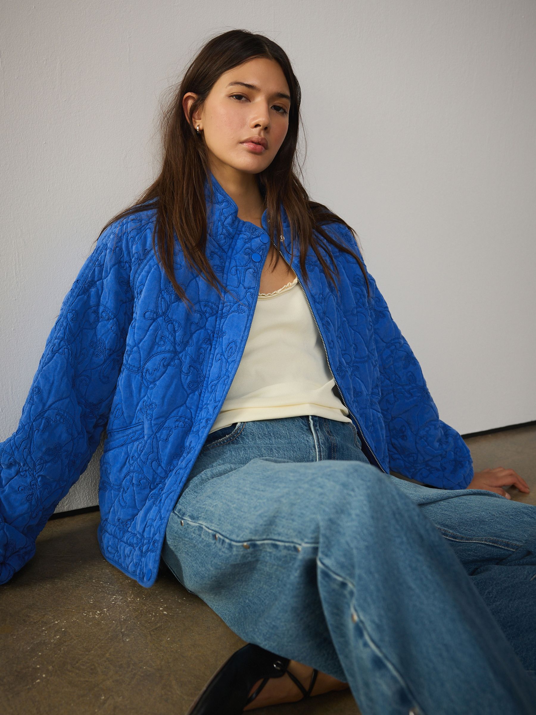 Buy Cobalt Blue Embroidered Funnel Neck Quilted Jacket from Next USA