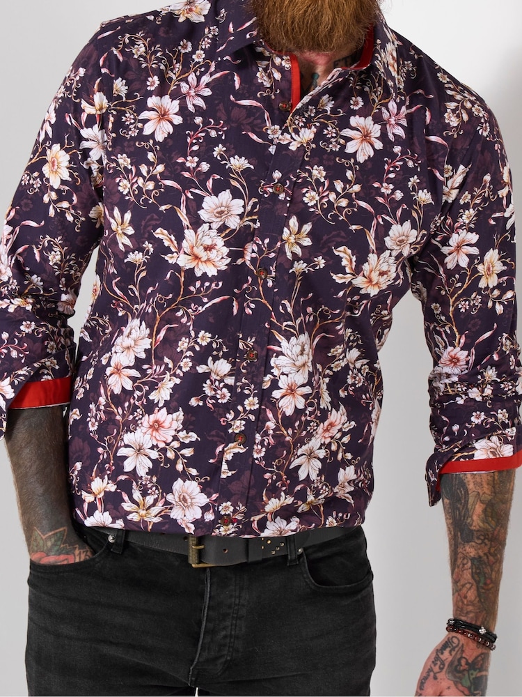Joe Browns Brown Contrast Trim Floral Shirt - Image 2 of 5 Joe Browns Brown Contrast Trim Floral Shirt - Image 2 of 5