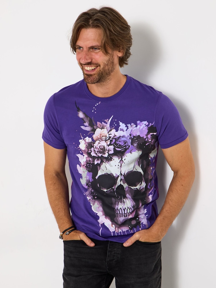 Joe Browns Purple Floral Skull Print T-Shirt - Image 1 of 5