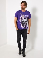 Joe Browns Purple Floral Skull Print T-Shirt - Image 3 of 5