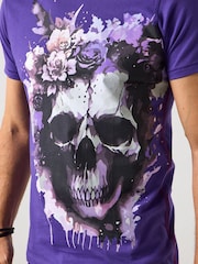 Joe Browns Purple Floral Skull Print T-Shirt - Image 4 of 5