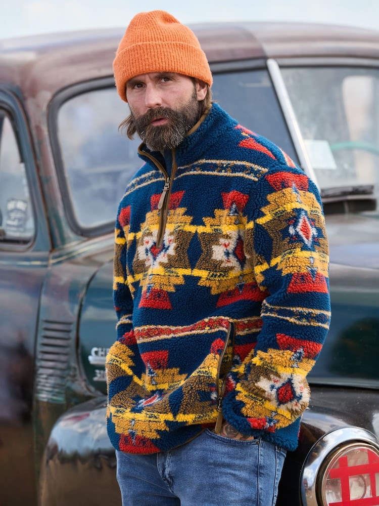 Joe Browns Blue Patterned Borg Funnel Fleece - Image 1 of 7 Joe Browns Blue Patterned Borg Funnel Fleece - Image 1 of 7
