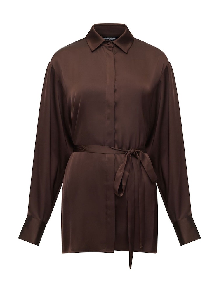 French Connection Brown Bernadetta Satin Tie Belt Shirt - Image 1 of 1 French Connection Brown Bernadetta Satin Tie Belt Shirt - Image 1 of 1