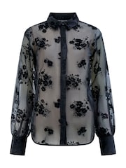 French Connection Black Mika Flocked Organza Shirt - Image 1 of 1