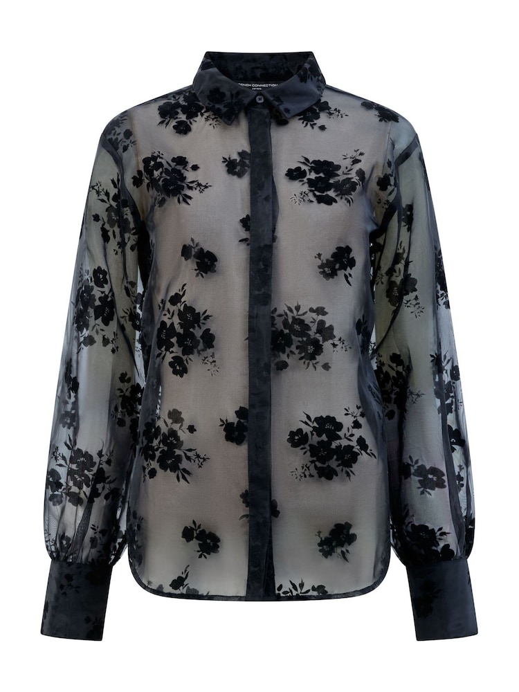 French Connection Black Mika Flocked Organza Shirt - Image 1 of 1