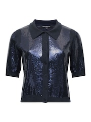 French Connection Blue Hannah Sequin Short Sleeve Button Through Cardigan - Image 1 of 1