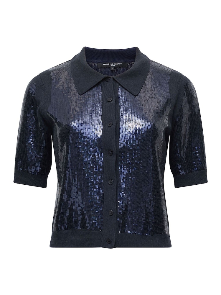 French Connection Blue Hannah Sequin Short Sleeve Button Through Cardigan - Image 1 of 1 French Connection Blue Hannah Sequin Short Sleeve Button Through Cardigan - Image 1 of 1