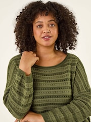 Roman Green Curve Crochet Stripe Knit Jumper - Image 1 of 5