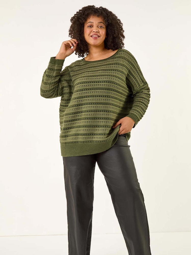 Roman Green Curve Crochet Stripe Knit Jumper - Image 2 of 5
