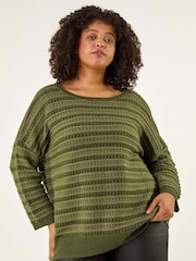 Roman Green Curve Crochet Stripe Knit Jumper - Image 4 of 5