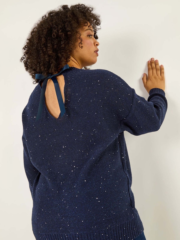 Roman Blue Curve Hotfix Longline Knit Jumper - Image 1 of 5 Roman Blue Curve Hotfix Longline Knit Jumper - Image 1 of 5