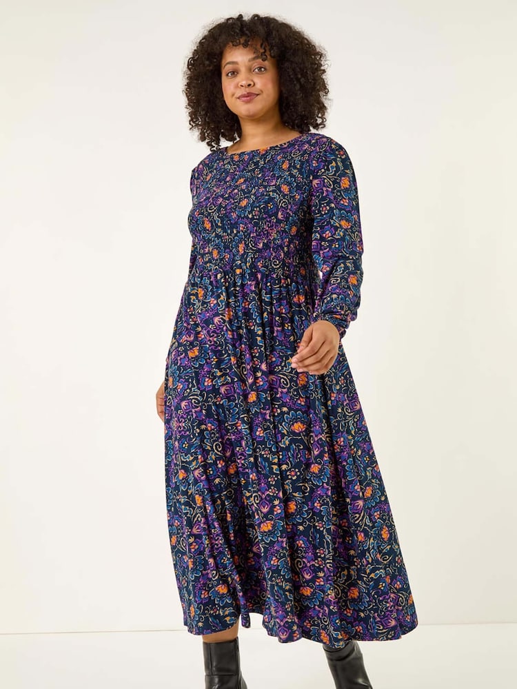 Roman Blue Curve Floral Print Shirred Midi Dress - Image 1 of 5