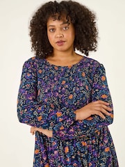 Roman Blue Curve Floral Print Shirred Midi Dress - Image 4 of 5