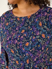 Roman Blue Curve Floral Print Shirred Midi Dress - Image 5 of 5