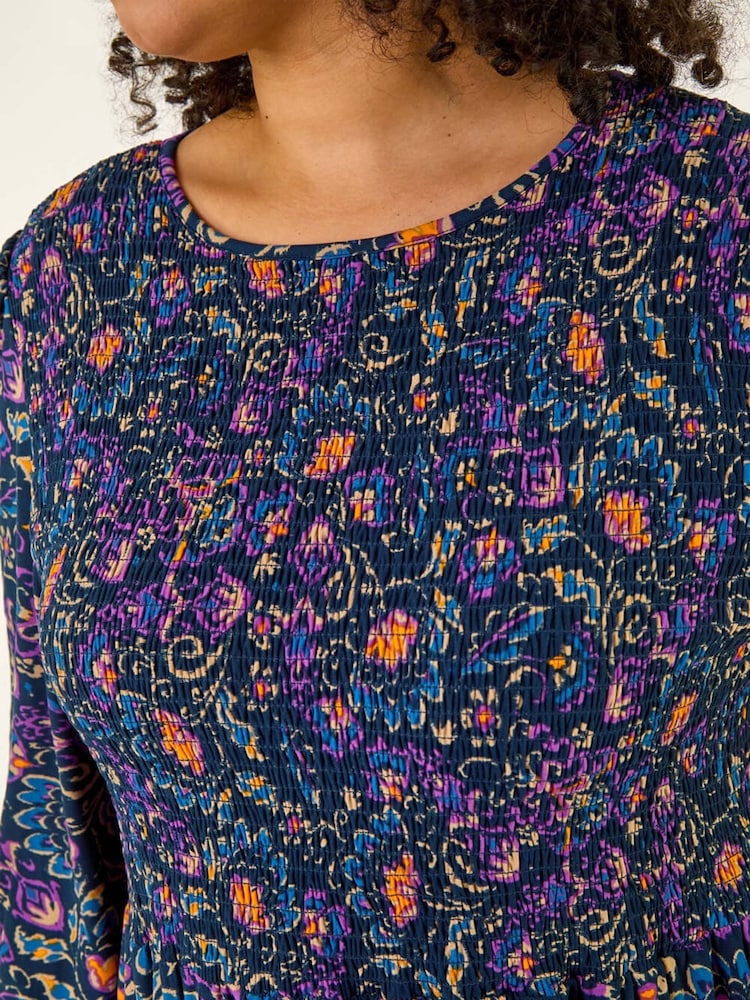 Roman Blue Curve Floral Print Shirred Midi Dress - Image 5 of 5 Roman Blue Curve Floral Print Shirred Midi Dress - Image 5 of 5