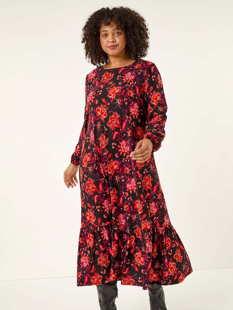 Roman Red Curve Floral Print Stretch Dress - Image 2 of 5